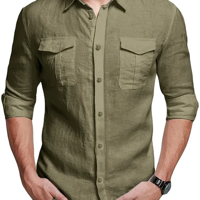 FUERI Mens Long Sleeve Shirts Cotton Linen Business Casual Button down Plain Summer Tops