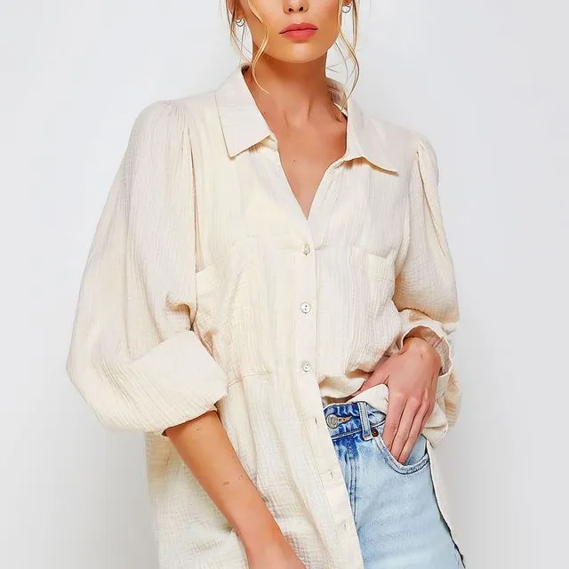 WRINKLED GAUZE BUTTON DOWN PUFF SLEEVES BLOUSE TOP-CREAM
