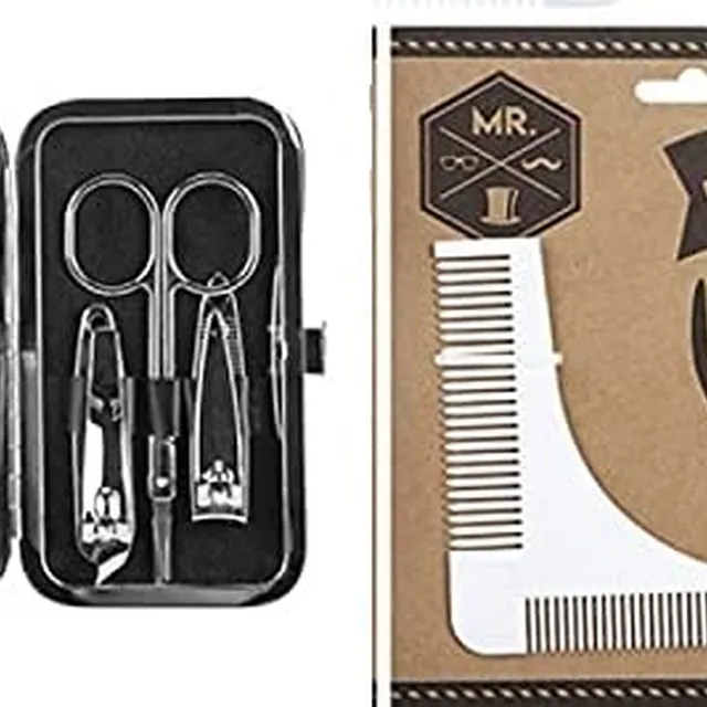 Men'S Stainless Steel Manicure Kit with 3-In-1 Beard Shaper/Comb, Gift for Men