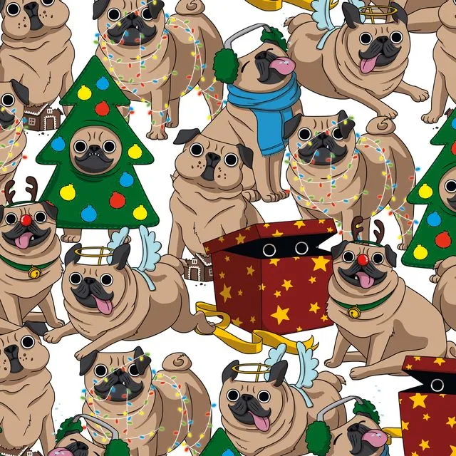 5x wrapping paper "Christmas pugs"