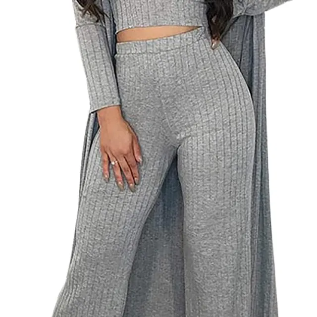 Sexy 3 Piece Outfits for Women Plain Crop Top Wide Leg Long Pants Long Sleeve Cardigan Sweater Set
