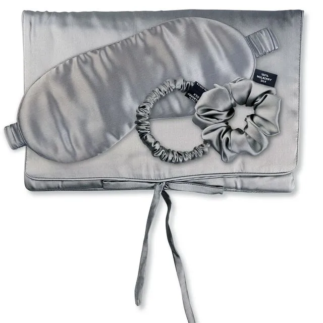 TRAVEL SET HAIR Set silk bag with eye mask and scrunchies S and M - grey