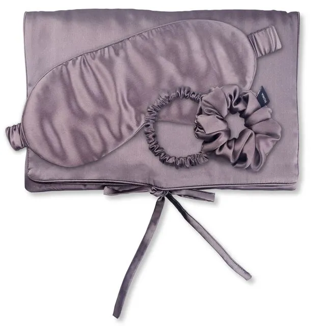 TRAVEL SET HAIR Set silk bag with eye mask and scrunchies S and M - purple