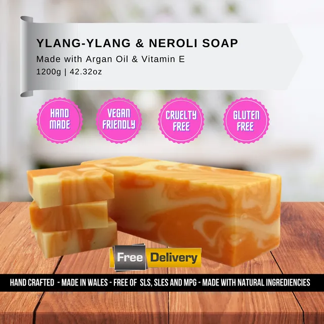 Hand-crafted Ylang-Ylang & Neroli Soap Loaf - FREE SHIPPING - 10 bars or whole loaf 1200g - Vegan, gluten free and cruelty free - Wholesale