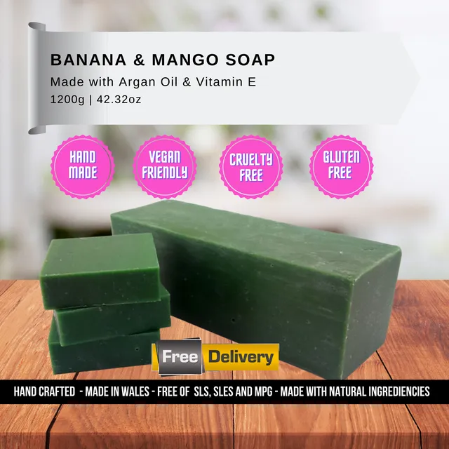 Handcrafted Banana & Mango Soap Loaf 1200g - Non Sweat Vegan, gluten free and cruelty free - Wholesale
