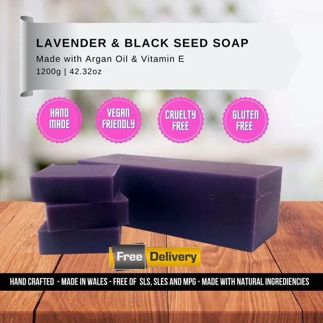 Handcrafted Lavender & Black Seed Soap Loaf 1200g - Non Sweat Vegan, gluten free and cruelty free - Wholesale