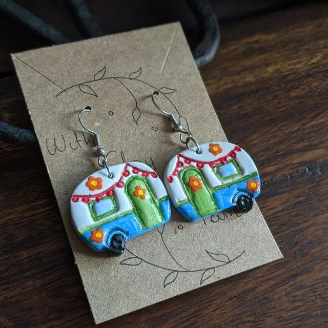 Caravan colourful earrings, hippie van