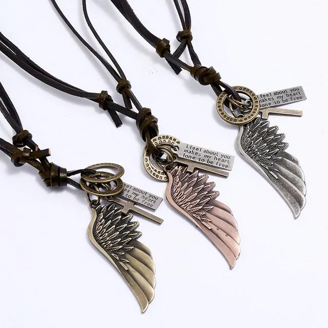 Personalized Angel Wings Pendant Leather Necklace Adjustable Simple Long Men's Necklace