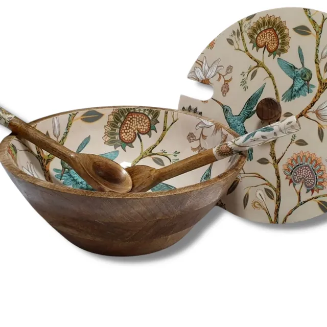 Humming Bird Large Salad Bowl with Lid & Spoons