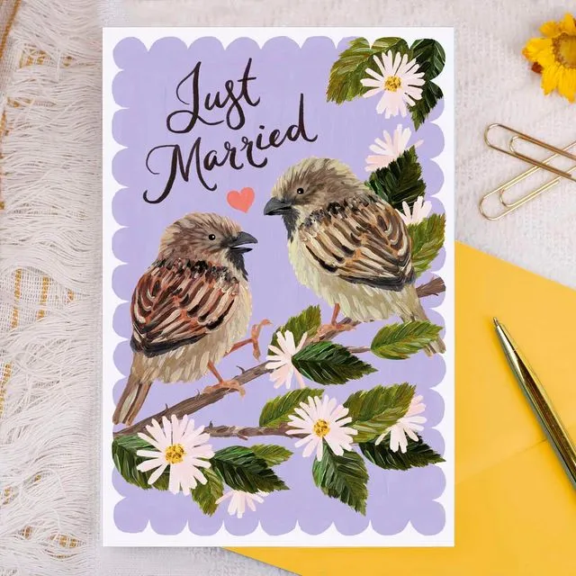 Just Married Sparrows Greeting Cards