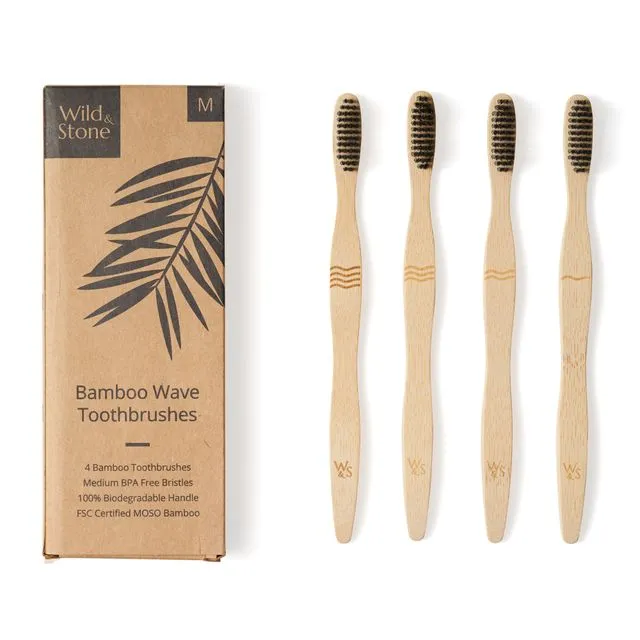 Adult Bamboo Toothbrush - 4 Pack - Wave Bristles - Medium