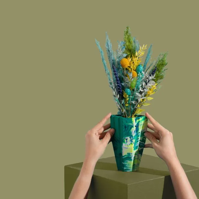 Deco Vase, Marbled in Emerald Green & Yellow