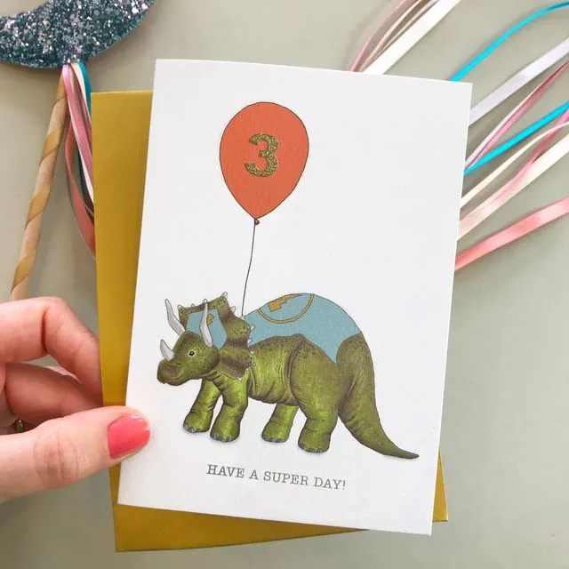 Kids Dinosaur birthday card (pick age number for balloon)