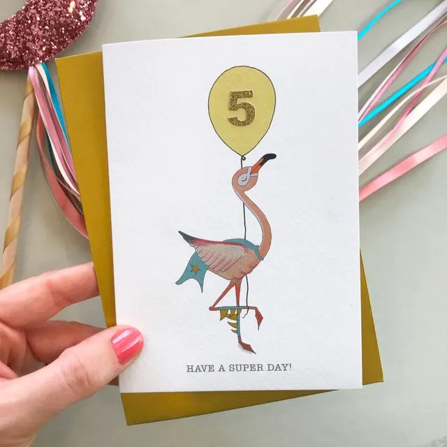Kids Flamingo birthday card (pick your number for balloon)