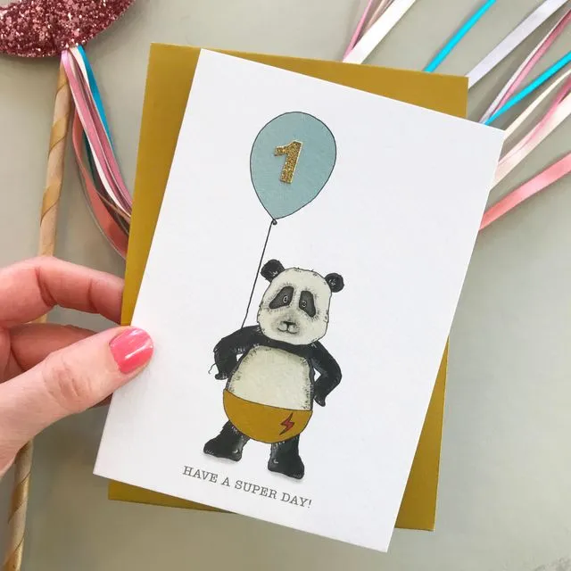 Kids Panda birthday card (pick your number for balloon)