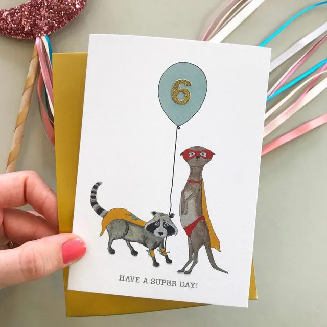 Kids Meerkat birthday card (pick your number for balloon)