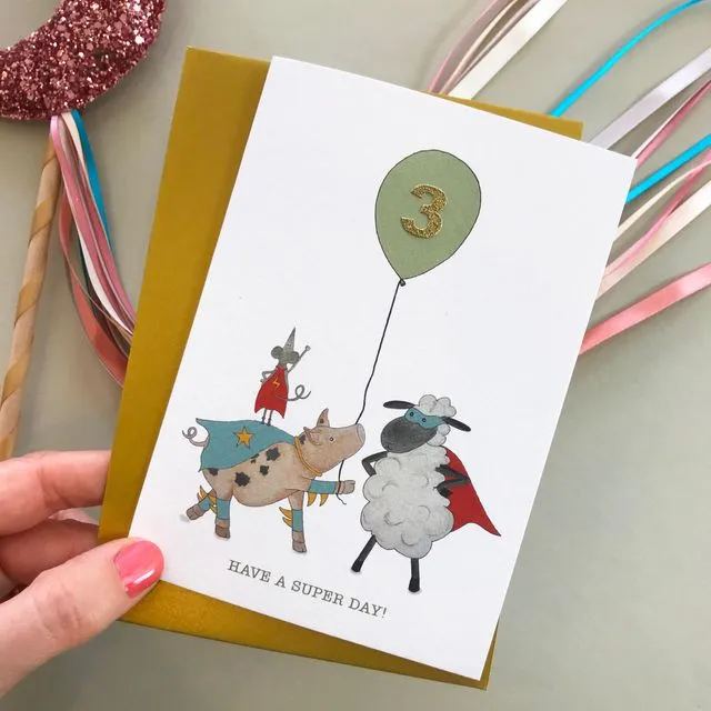 Kids Animal birthday card (pick your number for balloon)