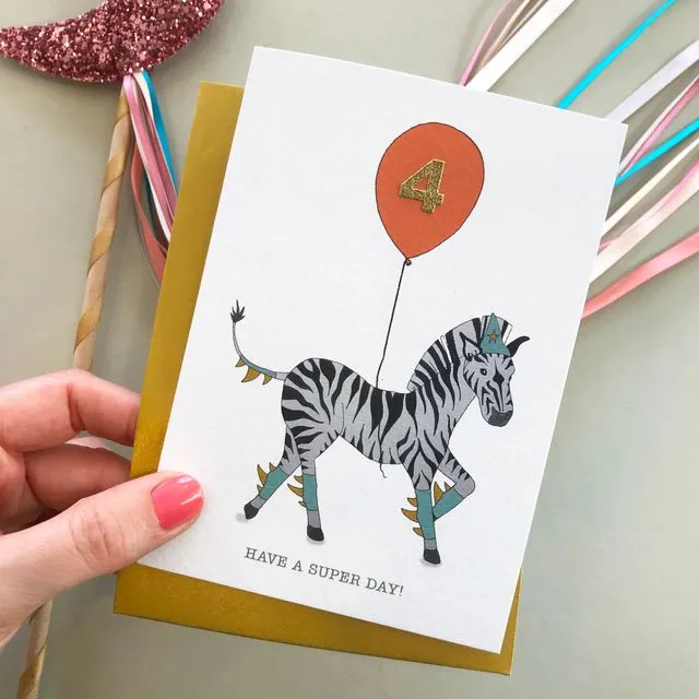 Kids Zebra birthday card (pick your number for balloon)