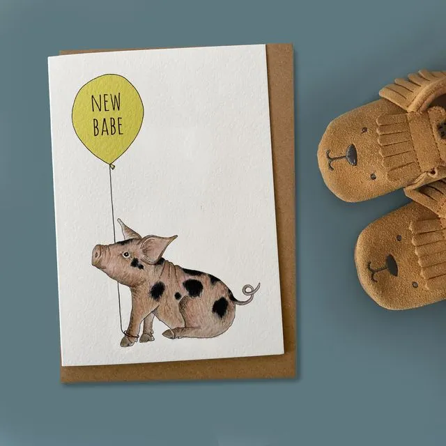 New baby card with piglet illustration