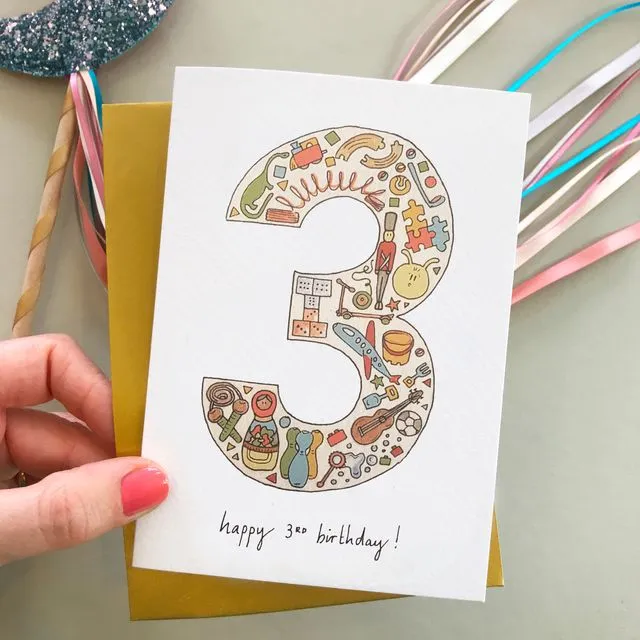 Kids illustrated 3rd birthday card (Age 3)