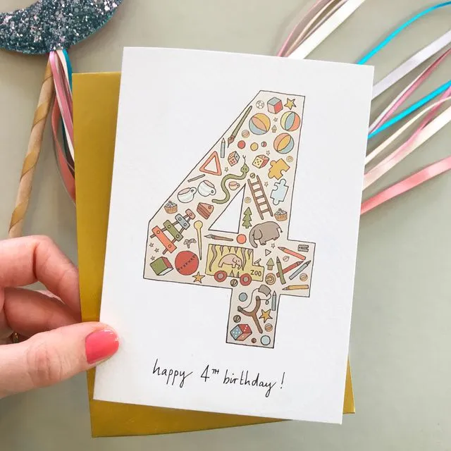 Kids illustrated 4th birthday card (Age 4)