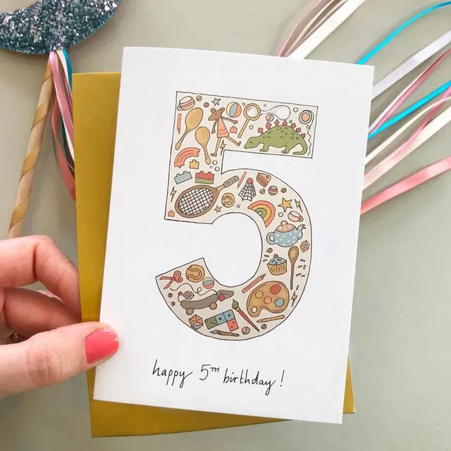 Kids illustrated 5th birthday card (Age 5)