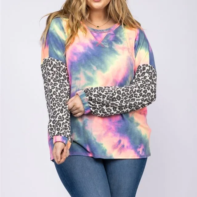 BLUE/PINK MULTICOLOR TIE-LONG SLEEVES WITH ANIMAL CONTRAST PRINT PLUS SIZE TOP VT25007P