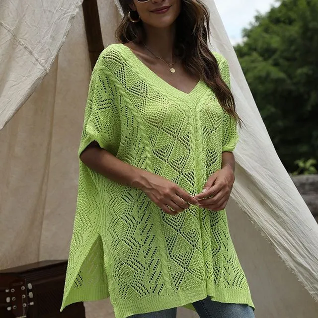Batwing Sleeve Solid Color V-Neck Cutout Knit Cover-Up-FLUORESCENT GREEN