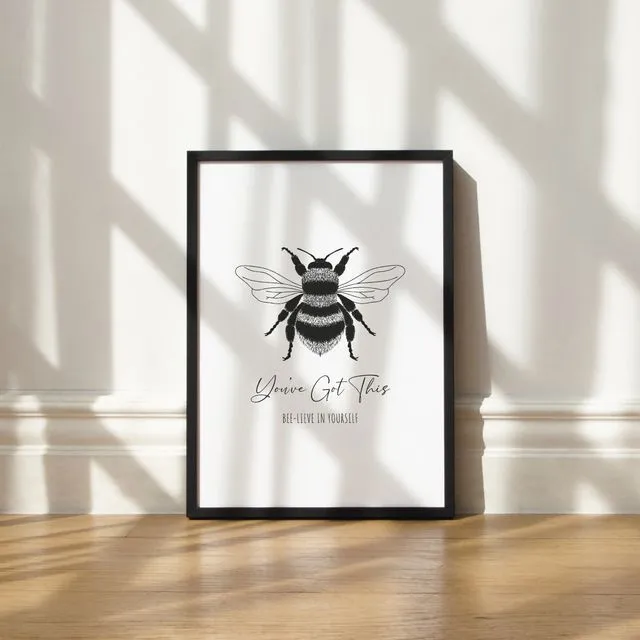 Bee Wall Art - Black & White Motivational Quote