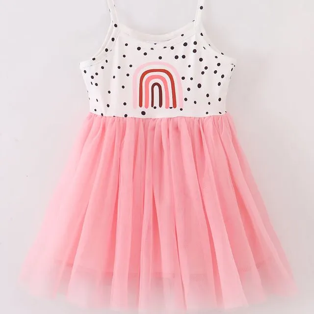 Girl Dress, Polka Dot Rainbow Pink Tutu Dress