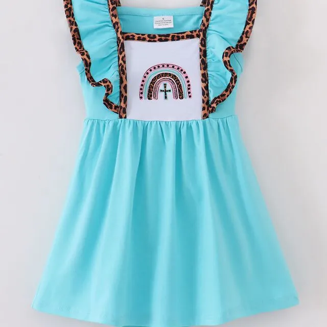 Girl Dress, 100% Cotton Cross Rainbow Turquoise & Animal Print Angel Ruffle Apron Dress