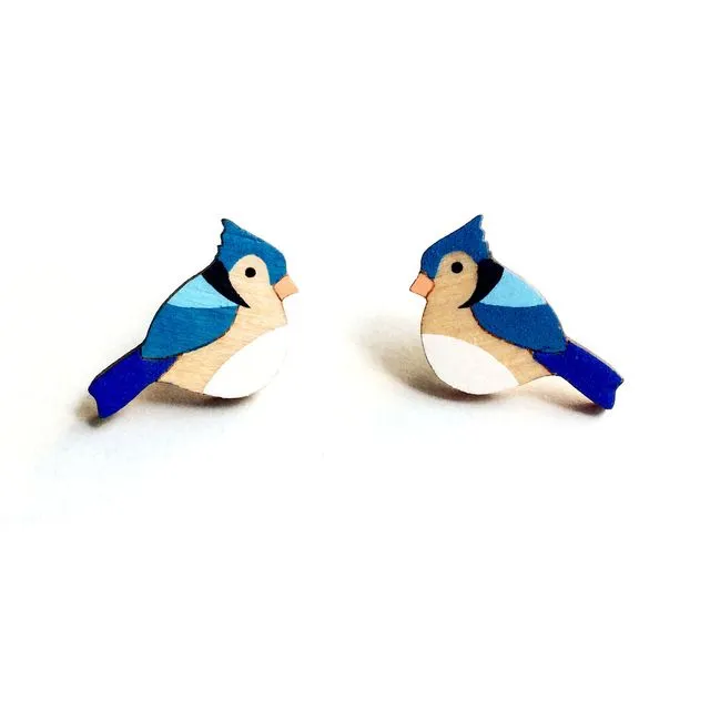 Wooden Bluejay earrings.