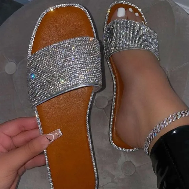 Sparkling Rhinestone Flat Square Toe Sandals-Silver