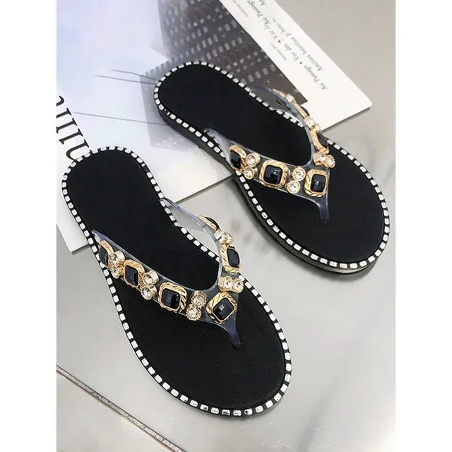 Rhinestone Fashion Flat Flip Flop Sandals-Gold