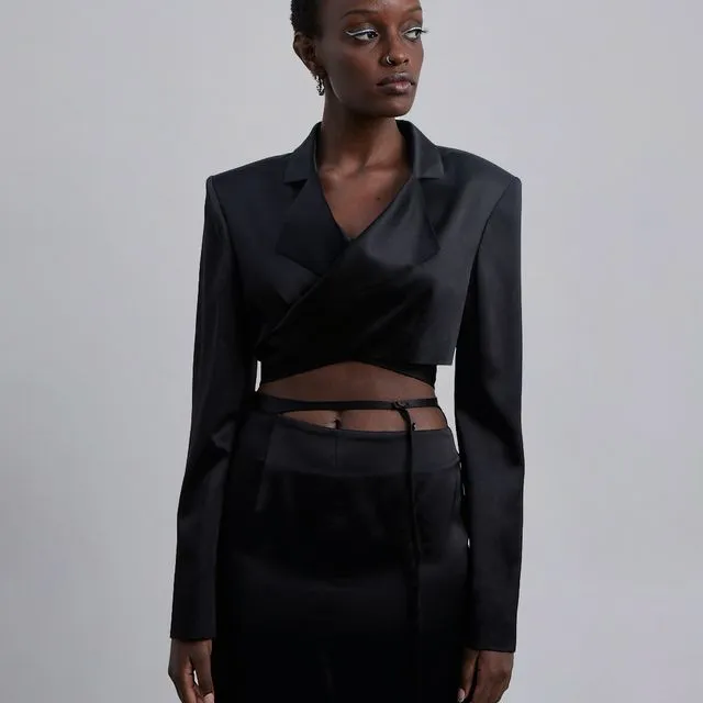 Front Slit 100% Silk Pencil Skirt in Midnight Black