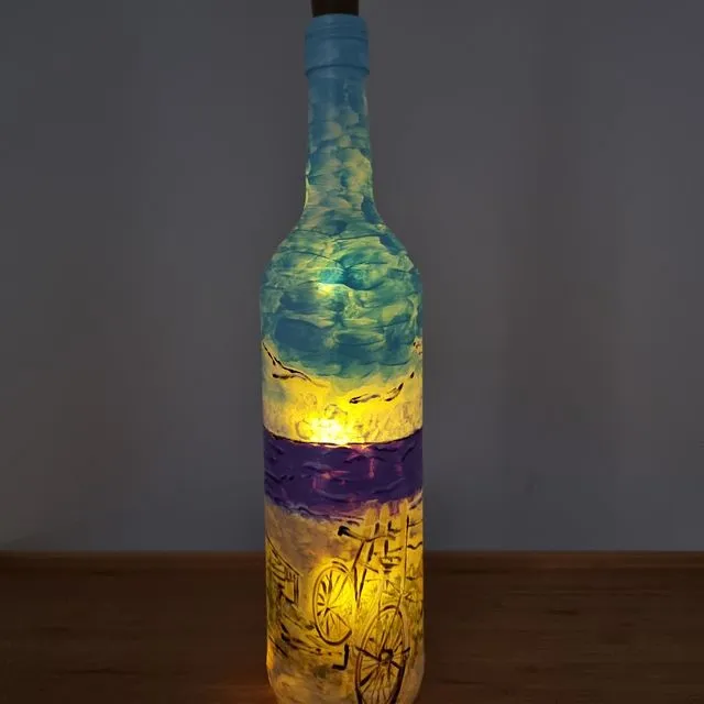 "Old Bike and the Sea" Bottle LED Light With Decoupage technique