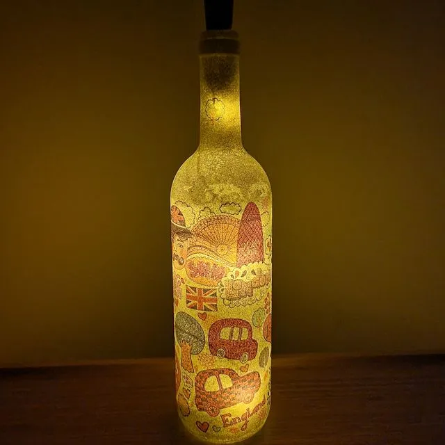 "London" Bottle LED Light With Decoupage technique