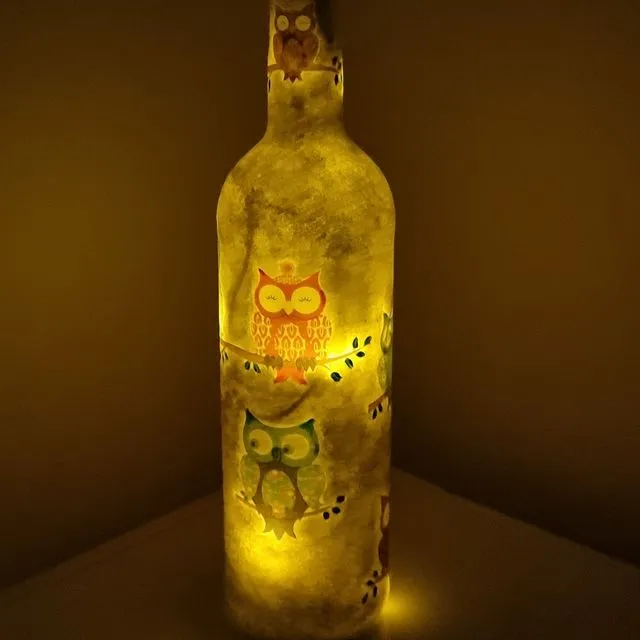 "Owl" Bottle LED Light With Decoupage technique