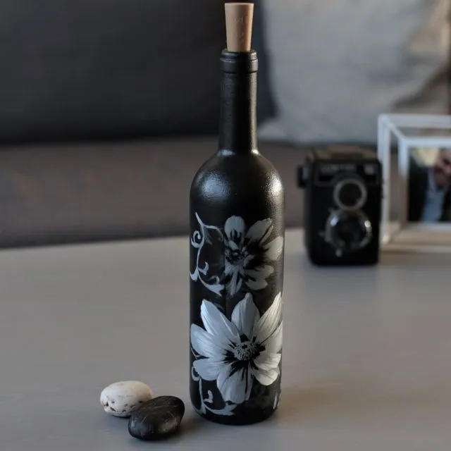 "Flowers on Black" Bottle LED Light With Decoupage technique