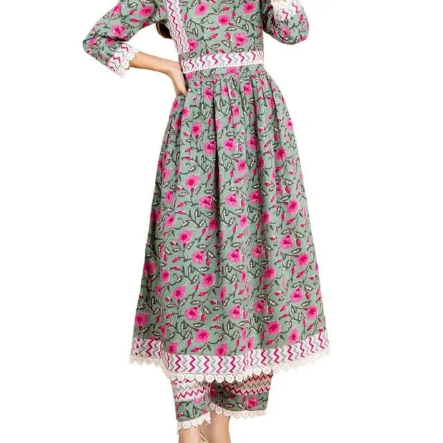 Cotton Pista Floral Dress