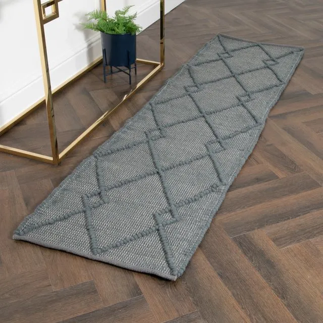 Grey Diamond Pattern Runner Wool Rug (60 x 230cm)