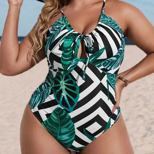 Plus Size Deep-V Printed One-Piece Swimsuit