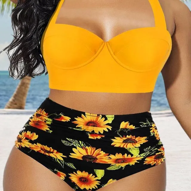 Plus Size Sunflower Print Bikini Split Swimsuit