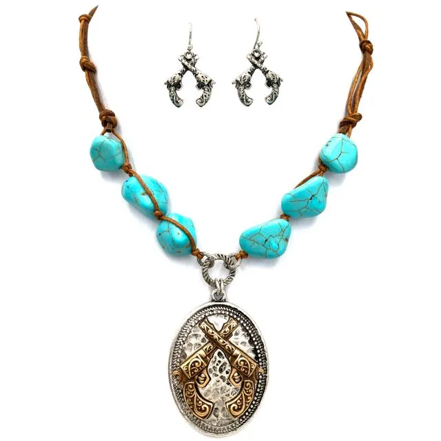Turquoise Stone Leather Rope Pistol Gun Necklace Earring Set