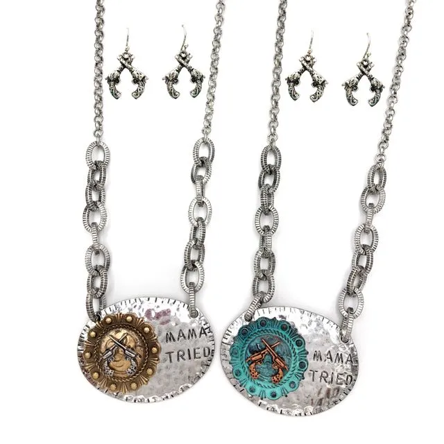 Mama Tried Western Chain Necklace with Pistol Earrings