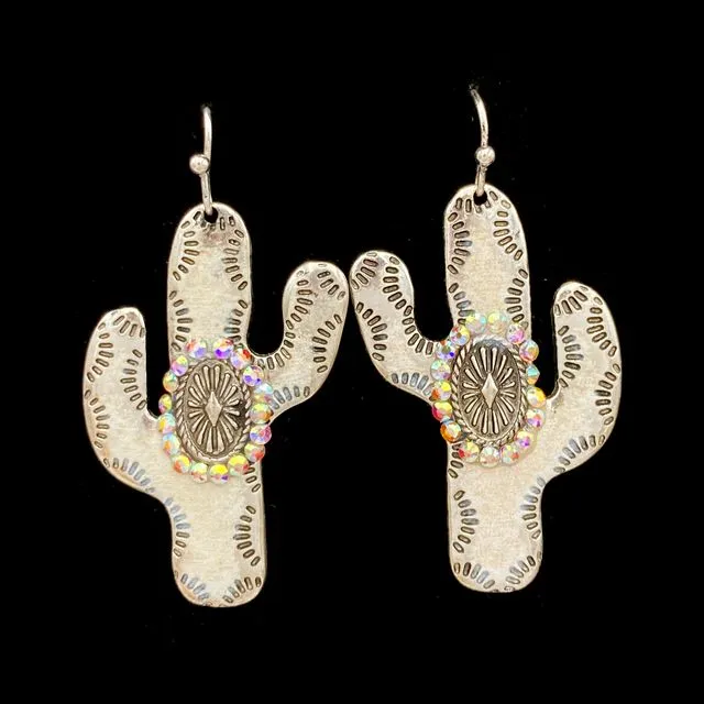 Western Silver White Cactus Rhinestone Hook Earrings