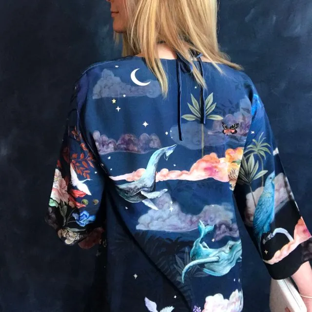 Blue Silk Kimono Jacket in the dreamy 'Wonderous' print, size S/M