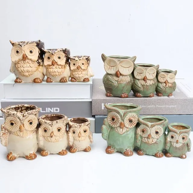 Ceramic 3 tier flower pot cute Owl design hand painted - Green Owl