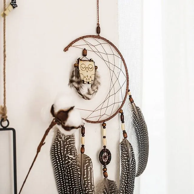 Dream catcher hanging crescent with owl & feathers