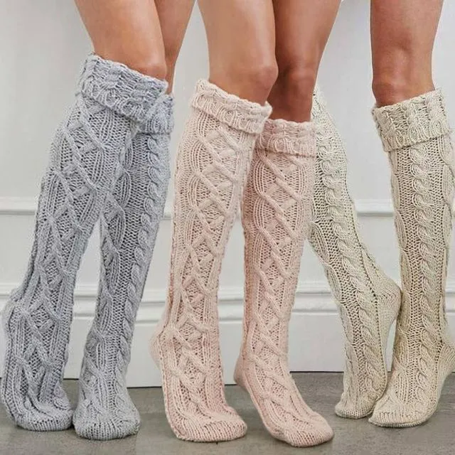 Knee high socks cable knit Cotton Acrylic blend - Grey